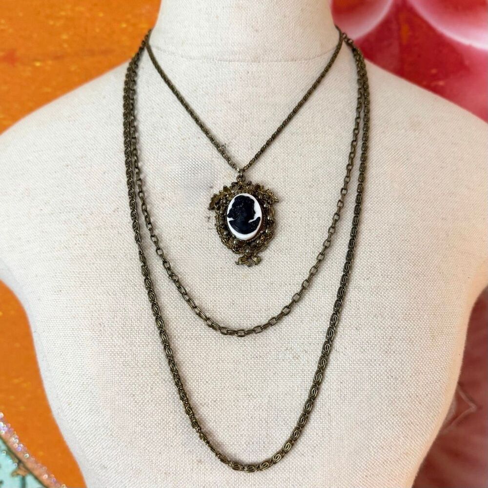 Vintage Black White Cameo Three Strand Victorian Revival Necklace